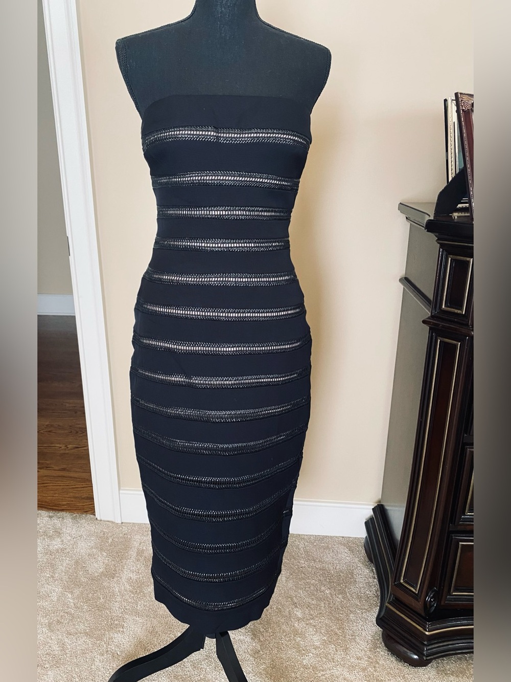 MISHA COLLECTION Black Strapless Midi Bodycon Dress with Sheer Banding